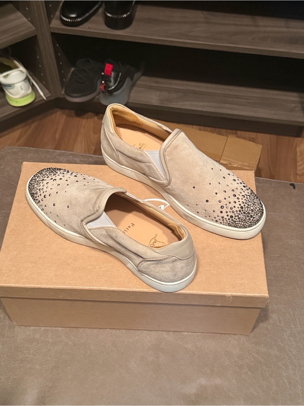 Christian Louboutin Beige Suede Slip-On Sneakers with Studded Toe